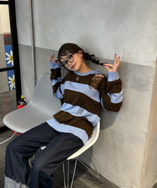 shesame（シーセム）の「sheer border Knit（ニット/セーター・レディース・ブラック/グレー/ネイビー/チャコール/ブラウン・MEDIUM/LARGE）」の7枚目の写真