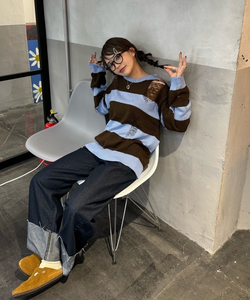 shesame（シーセム）の「sheer border Knit（ニット/セーター・レディース・ブラック/グレー/ネイビー/チャコール/ブラウン・MEDIUM/LARGE）」の8枚目の写真