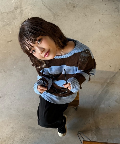 shesame（シーセム）の「sheer border Knit（ニット/セーター・レディース・ブラック/グレー/ネイビー/チャコール/ブラウン・MEDIUM/LARGE）」の16枚目の写真