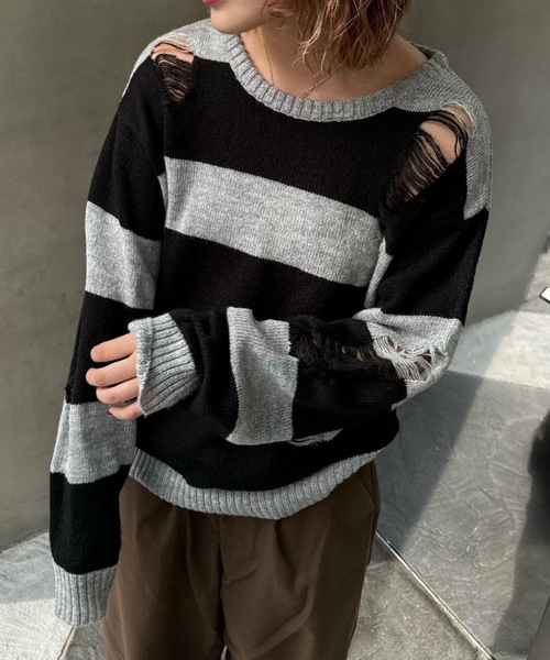 shesame（シーセム）の「sheer border Knit（ニット/セーター・レディース・ブラック/グレー/ネイビー/チャコール/ブラウン・MEDIUM/LARGE）」の21枚目の写真