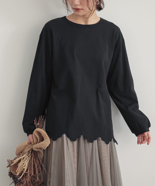 n'OrLABEL（ノアールレーベル）の「『裾スカラップカットソー』（Tシャツ/カットソー・レディース・イエロー/オフホワイト/ブラック・1/2）」の2枚目の写真