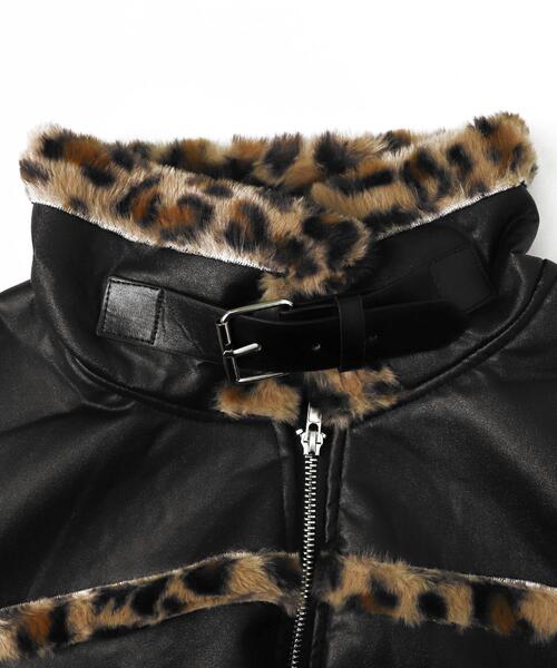レザージャケット×毛皮（豹柄） 切替デザイン モード系　短丈 楽天市場】アウター リバーシブル ヒョウ柄 アニマル柄 ブルゾン