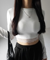 me+em select | 【 裏起毛 】裾レースドッキングショートＴシャツ ／ hem lace docking short Tee(Tシャツ/カットソー)