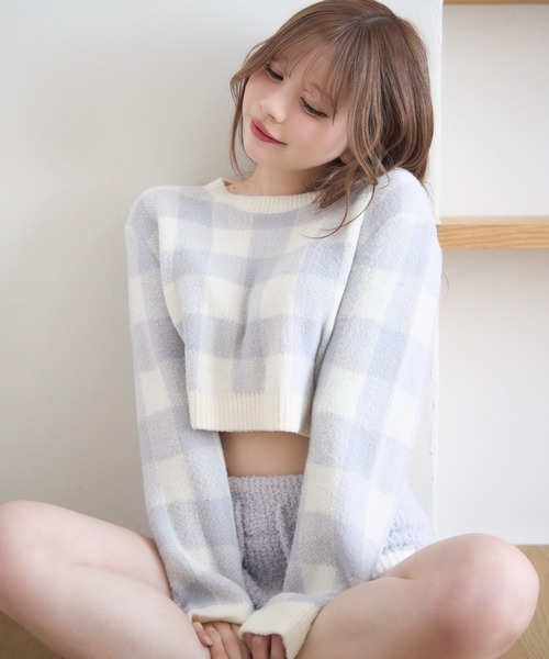 TITTY&CO.(ティティーアンドコー)の「チェック柄マシュマロニット(ルームウェア/パジャマ・レディース・ライトグレー/グレー/ベージュ/パープル・FREE)」の4枚目の写真