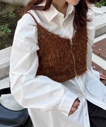 ISOOK | 【ISOOK / アイスー】カットフェザーフロントジップビスチェ / ラメ ファー キャミソール ノースリーブ タンクトップ クロップド丈 ショート丈 ブラウン ブラック 茶 黒 ZOZOTOWN限定(キャミソール)