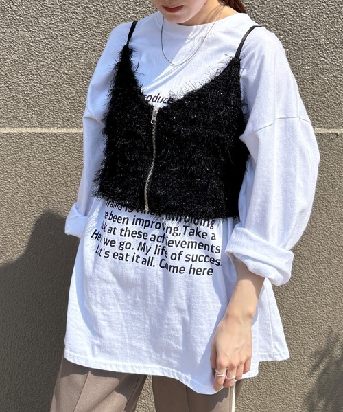 ISOOK（アイスー）の「【ISOOK / アイスー】カットフェザーフロントジップビスチェ / ラメ ファー キャミソール ノースリーブ タンクトップ クロップド丈 ショート丈 ブラウン ブラック 茶 黒 ZOZOTOWN限定（キャミソール・レディース・ブラウン/ブラック・FREE）」の2枚目の写真