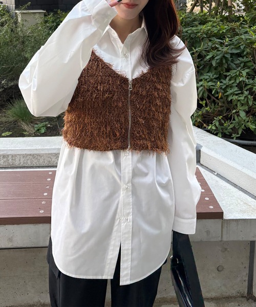 ISOOK（アイスー）の「【ISOOK / アイスー】カットフェザーフロントジップビスチェ / ラメ ファー キャミソール ノースリーブ タンクトップ クロップド丈 ショート丈 ブラウン ブラック 茶 黒 ZOZOTOWN限定（キャミソール・レディース・ブラウン/ブラック・FREE）」の15枚目の写真