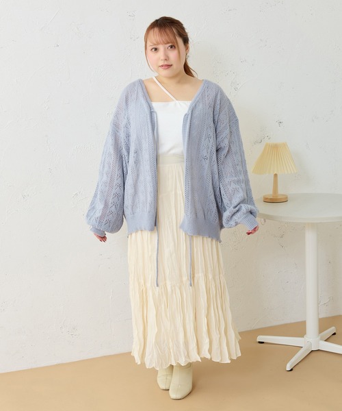 大きいサイズ】リボン付き透かし編みニットカーディガン（カーディガン