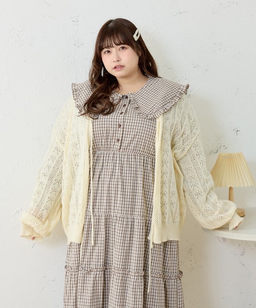 大きいサイズ】リボン付き透かし編みニットカーディガン（カーディガン