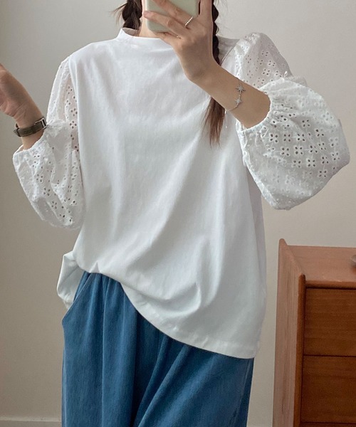 aimoha(アイモハ)の「レーススリーブプルオーバー(Tシャツ/カットソー・レディース・ブラック/ホワイト・FREE)」の13枚目の写真