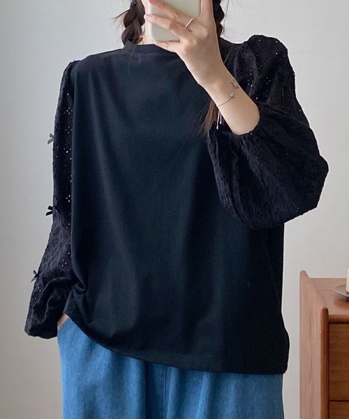 aimoha(アイモハ)の「レーススリーブプルオーバー(Tシャツ/カットソー・レディース・ブラック/ホワイト・FREE)」の16枚目の写真