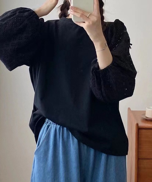 aimoha(アイモハ)の「レーススリーブプルオーバー(Tシャツ/カットソー・レディース・ブラック/ホワイト・FREE)」の15枚目の写真