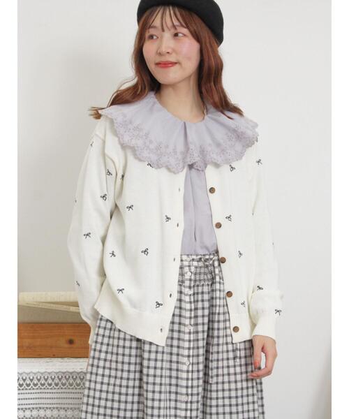 アトリエサガン フリルカーディガン ジャケット リボン刺繍　LL アトリエサガン フリルカーディガン ジャケット リボン刺繍 LL