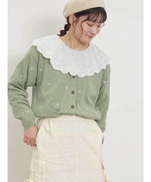 アトリエサガン フリルカーディガン ジャケット リボン刺繍　LL アトリエサガン フリルカーディガン ジャケット リボン刺繍 LL