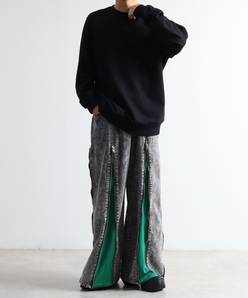 リメイクジッパーデニム再構築ワイドデニムパンツトラックパンツジップパンツ ジップアップリメイクライク ジャージ×デニムパンツ（デニム