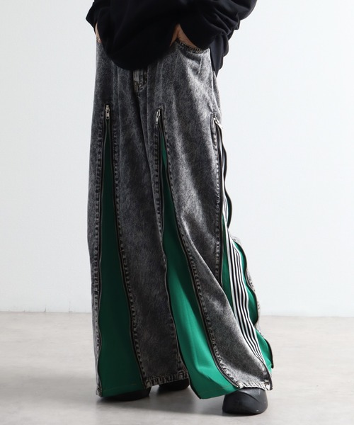 リメイクデニム　4zipデニム　デニム＆ジャージ　ワイドデニム　ブラックデニム ITEM →4 ZIPPER PANTS(4ジッパーデニム) 4ジッパーのリメイク