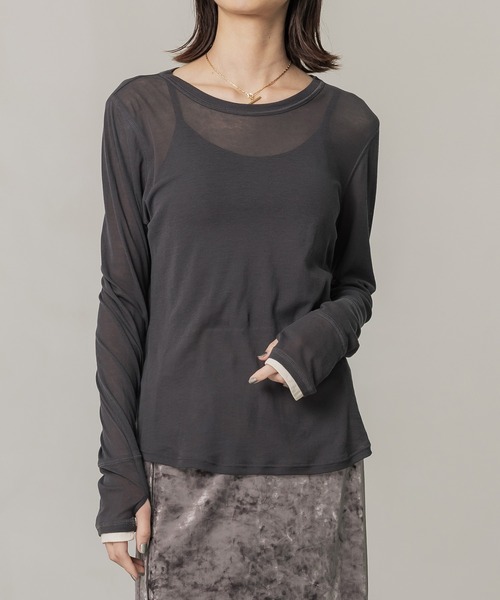 PUBLIC TOKYO（パブリックトウキョウ）の「レイヤースリーブシアートップ（Tシャツ/カットソー・レディース・ホワイト/グリーン/イエロー/ネイビー/ダークグレー/ライトピンク・FREE）」の2枚目の写真