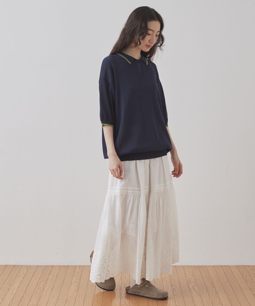 【mayonaka様】YONFAポロニット ミント セール】フロントホック配色ポロニット/トップス/麻タッチ