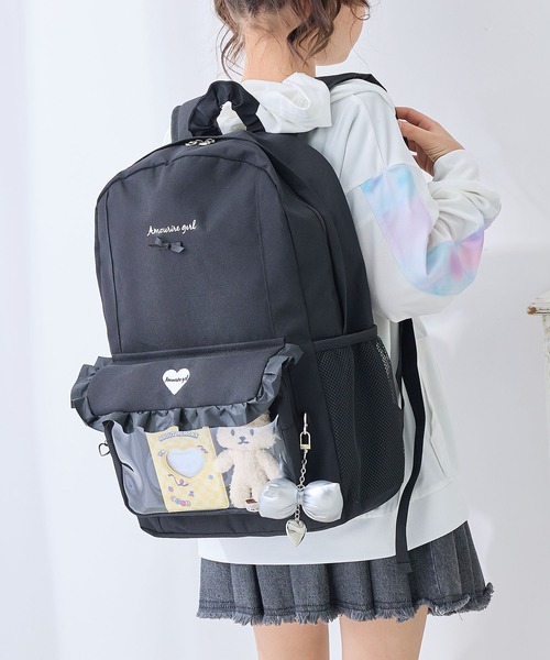 Amourire girl（アムリールガール）の「【Amourire girl】クリアポケット付きデイバッグ19L/リュック/バックパック（バックパック/リュック・キッズ・ブラック/ピンク・FREE）」の2枚目の写真