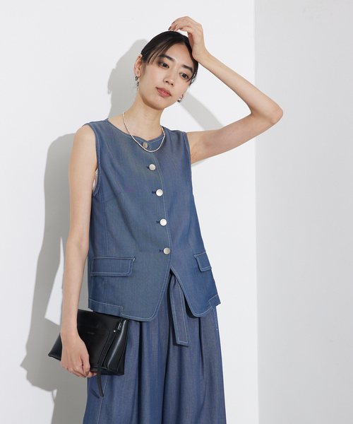 qualite(カリテ)の「【セットアップ対応】テンセルデニムノースリーブ/夏服/オフィスカジュアル(シャツ/ブラウス・レディース・ブルー/アイボリー・フリー)」の7枚目の写真