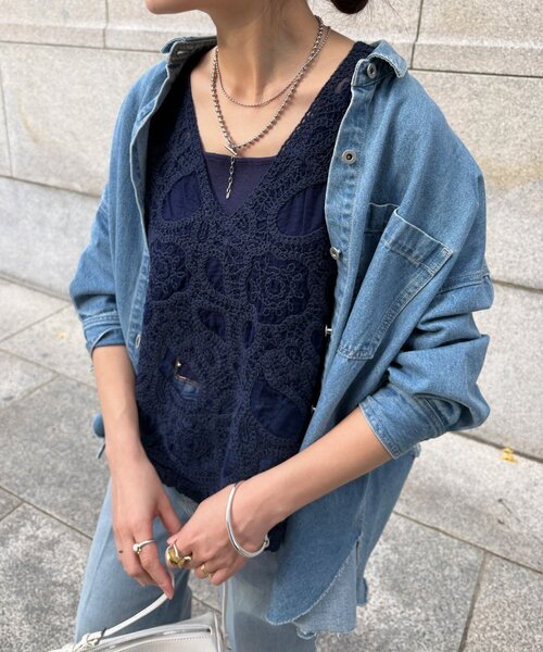 DouDou（ドゥドゥ）の「刺繍前後2WAYレースタンク（シャツ/ブラウス・レディース・ブラック/オフホワイト/キャメル/カーキ/ネイビー・FREE）」の4枚目の写真