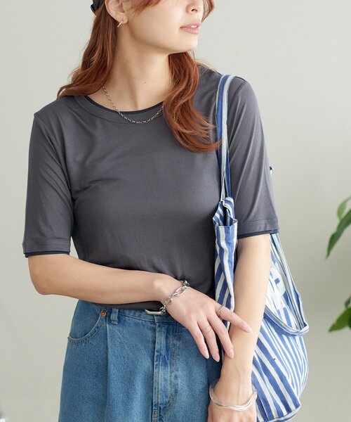 DISCOAT（ディスコート）の「レイヤード5分袖《WEB限定カラーあり》（Tシャツ/カットソー・レディース・グレー/アイボリー/イエロー/ダークグレー/チャコールグレー・FREE）」の18枚目の写真