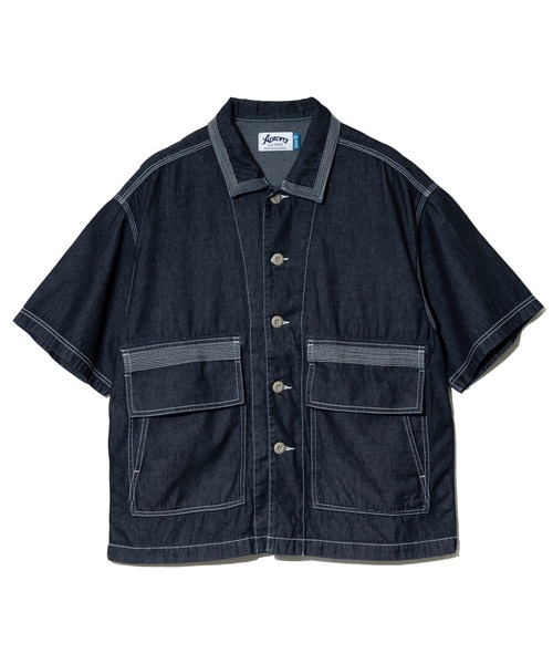 AOZORA(アオゾラ)の「AOZORA/アオゾラ DENIMヒッコリー SSゲームシャツ(シャツ/ブラウス・メンズ・ネイビー/インディゴブルー/ストライプ・MEDIUM/X-LARGE/LARGE)」の2枚目の写真
