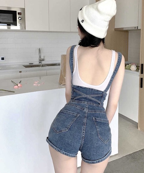 セール】デニムハイウエストショートパンツサロペット