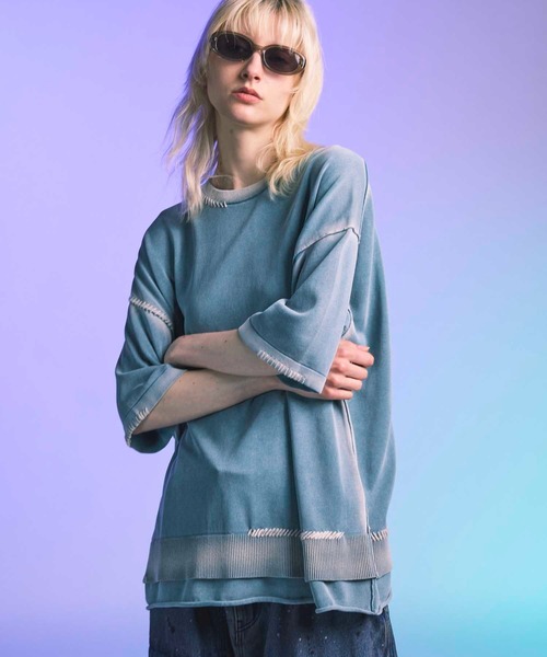 MAISON SPECIAL(メゾンスペシャル)の「《UNISEX》High Twist Pigment Bleach Prime-Over Crew Neck Knit T-shirt/ハイツイストピグメントブリーチプライムオーバークルーネックニットティーシャツ【MAISON SPECIAL/メゾンスペシャル】(Tシャツ/カットソー・メンズ・ブラック/サックスブルー/グレイッシュベージュ・1/2)」の3枚目の写真