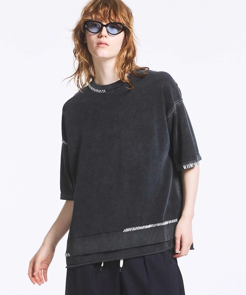 MAISON SPECIAL(メゾンスペシャル)の「《UNISEX》High Twist Pigment Bleach Prime-Over Crew Neck Knit T-shirt/ハイツイストピグメントブリーチプライムオーバークルーネックニットティーシャツ【MAISON SPECIAL/メゾンスペシャル】(Tシャツ/カットソー・メンズ・ブラック/サックスブルー/グレイッシュベージュ・1/2)」の2枚目の写真