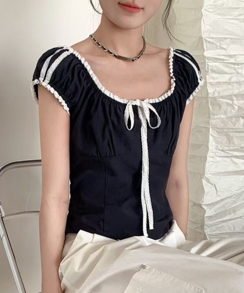 Lace Ladies(レースレディース)の「フロント リボン レース パフスリーブ カットソー(Tシャツ/カットソー・レディース・ネイビー/ホワイト・M)」の1枚目の写真