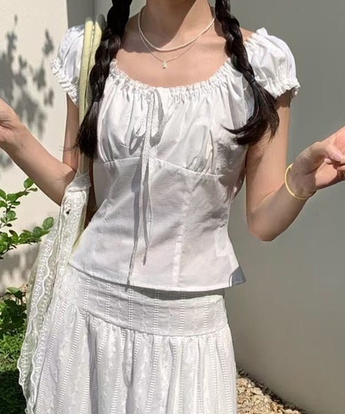 Lace Ladies(レースレディース)の「フロント リボン レース パフスリーブ カットソー(Tシャツ/カットソー・レディース・ネイビー/ホワイト・M)」の2枚目の写真