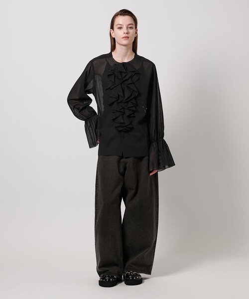 ブラウス シャツ 「ASTRAET」フリル パフスリーブ ノーカラーブラウス レディース ASTRAET＞フリル パフスリーブ ノーカラーブラウス（シャツ