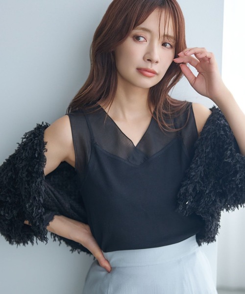 mysty woman（ミスティウーマン）の「シアーキリカエテレコタンク 581420（タンクトップ・レディース・ブラック/アイボリー/ボルドー・FREE）」の2枚目の写真