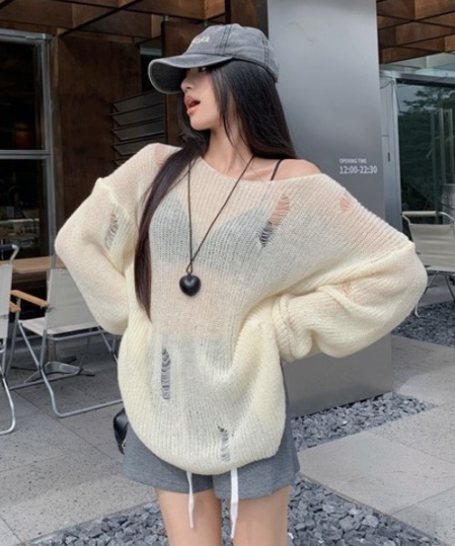 セール】オーバーサイズダメージニットトップス（ニット