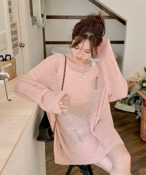 yuue' ( wear )(ユーイ)の「オーバーサイズダメージニットトップス(ニット/セーター・レディース・ピンク/グレー/アイボリー・FREE)」の22枚目の写真