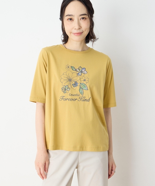 DECOY SINCE 1981(デコイシンスイチキュウハチイチ)の「【冷感】【UVカット】ひやさらコットン プリント&刺繍Tシャツ(Tシャツ/カットソー・レディース・マスタード/ネイビー/ホワイト・LL/L/M/3L/4L)」の4枚目の写真