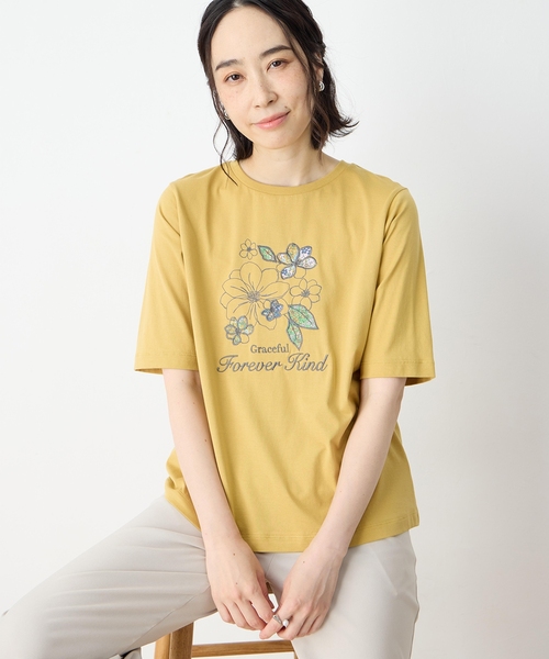 DECOY SINCE 1981(デコイシンスイチキュウハチイチ)の「【冷感】【UVカット】ひやさらコットン プリント&刺繍Tシャツ(Tシャツ/カットソー・レディース・マスタード/ネイビー/ホワイト・LL/L/M/3L/4L)」の7枚目の写真
