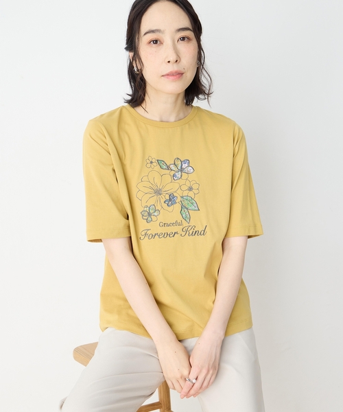 DECOY SINCE 1981(デコイシンスイチキュウハチイチ)の「【冷感】【UVカット】ひやさらコットン プリント&刺繍Tシャツ(Tシャツ/カットソー・レディース・マスタード/ネイビー/ホワイト・LL/L/M/3L/4L)」の8枚目の写真