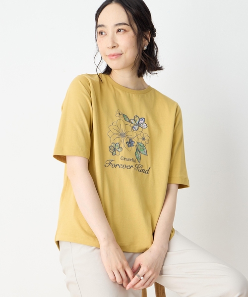 DECOY SINCE 1981(デコイシンスイチキュウハチイチ)の「【冷感】【UVカット】ひやさらコットン プリント&刺繍Tシャツ(Tシャツ/カットソー・レディース・マスタード/ネイビー/ホワイト・LL/L/M/3L/4L)」の9枚目の写真
