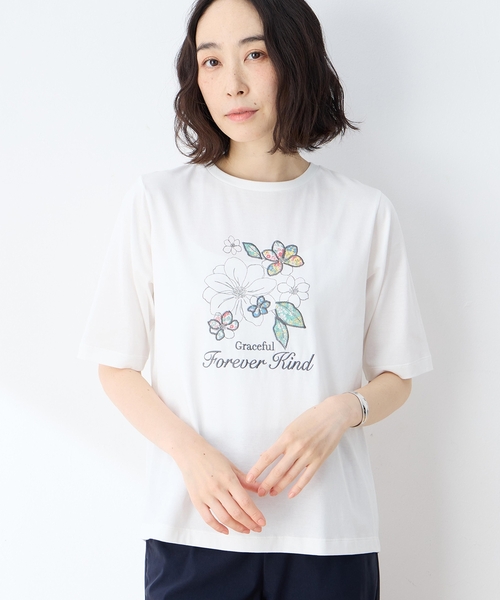 DECOY SINCE 1981(デコイシンスイチキュウハチイチ)の「【冷感】【UVカット】ひやさらコットン プリント&刺繍Tシャツ(Tシャツ/カットソー・レディース・マスタード/ネイビー/ホワイト・LL/L/M/3L/4L)」の10枚目の写真