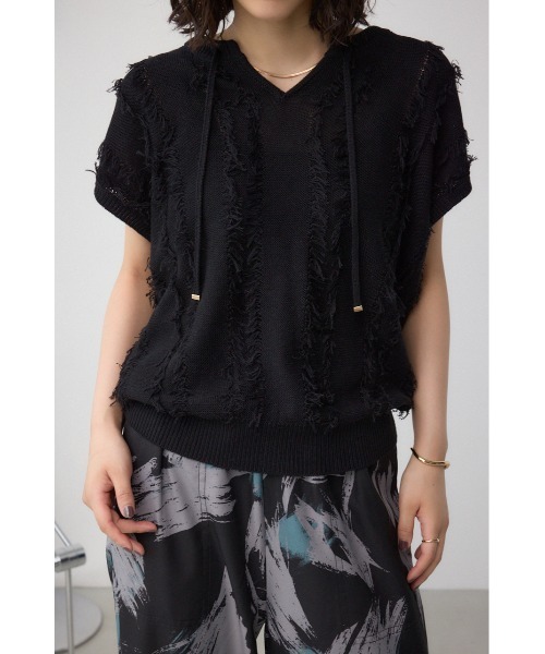 AZUL by moussy（アズールバイマウジー）の「ラインフリンジニットトップス（ニット/セーター・レディース・ブラック/アイボリー/バーガンディー・FREE）」の2枚目の写真