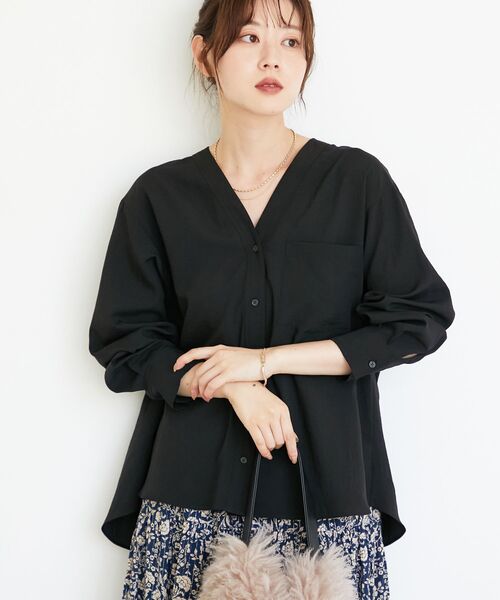 le.coeur blanc（ルクールブラン）の「《手洗い可能》エアータンブラーノーカラーブラウス（シャツ/ブラウス・レディース・ブラック/ブラウン・38）」の21枚目の写真