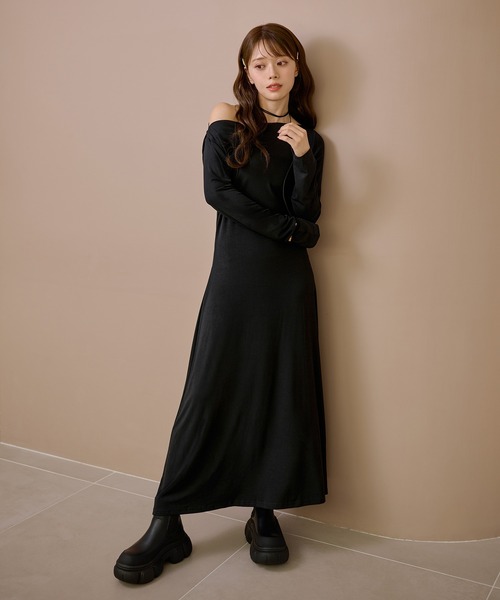 off shoulder flare long dress /オフショルダーフレア長袖ロング