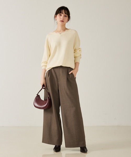 qualite（カリテ）の「【大人のワイドパンツ】ウーリッシュツイルパンツ/秋服/冬服/オフィスカジュアル/ワイドパンツ（その他パンツ・レディース・ブラック/オフホワイト/モカ・38/36）」の8枚目の写真