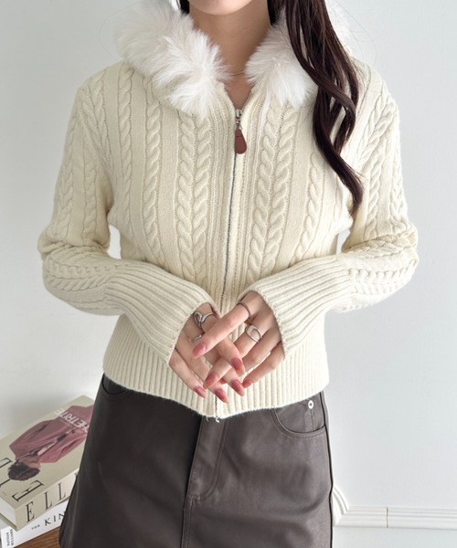 セール】ファーフード付きケーブルニットジップカーディガン