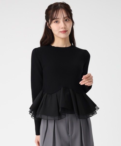 31 Sons de mode（トランテアン　ソン　ドゥ　モード）の「2025秋冬新作 異素材切替ペプラムニット（ニット/セーター・レディース・ブラック/オフホワイト/ダークブラウン・ﾌﾘ-）」の2枚目の写真