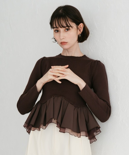 31 Sons de mode（トランテアン　ソン　ドゥ　モード）の「2025秋冬新作 異素材切替ペプラムニット（ニット/セーター・レディース・ブラック/オフホワイト/ダークブラウン・ﾌﾘ-）」の7枚目の写真