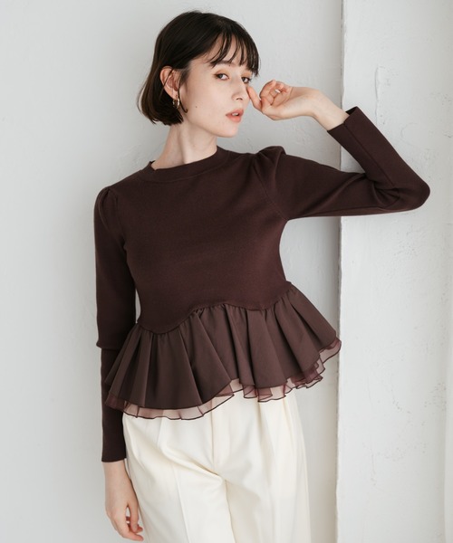 31 Sons de mode（トランテアン　ソン　ドゥ　モード）の「2025秋冬新作 異素材切替ペプラムニット（ニット/セーター・レディース・ブラック/オフホワイト/ダークブラウン・ﾌﾘ-）」の8枚目の写真