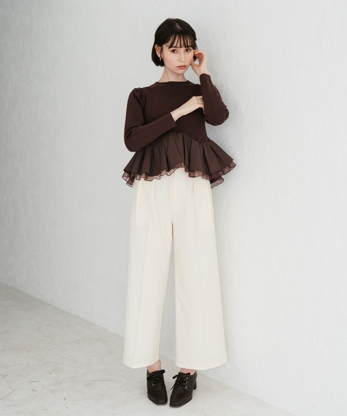31 Sons de mode（トランテアン　ソン　ドゥ　モード）の「2025秋冬新作 異素材切替ペプラムニット（ニット/セーター・レディース・ブラック/オフホワイト/ダークブラウン・ﾌﾘ-）」の10枚目の写真